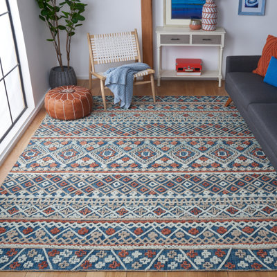 Tapis géométrique en laine / coton touffeté à la main en orange / bleu