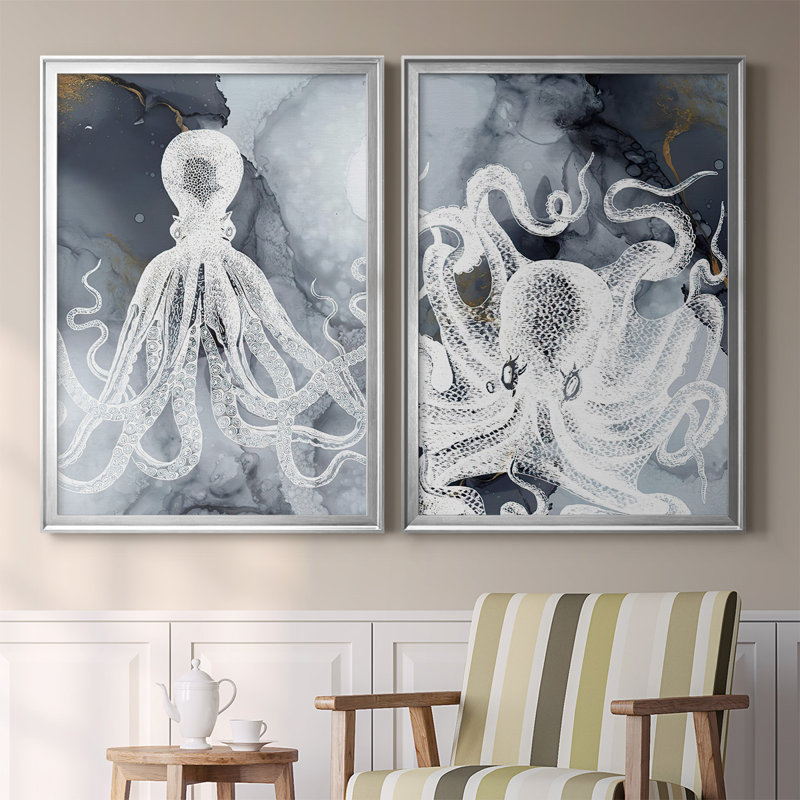 Octopus Ink I - ensemble de 2 reproductions d'art sur toile encadrées, Argent, H 30,5 po x l 45 po x P 1,25 po
