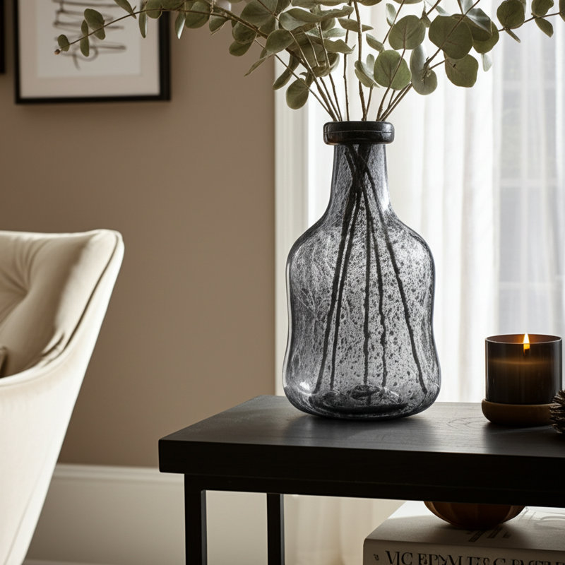 Ivelis Glass Vase - Handcrafted Glass Construction Glam Style with Textured Artisan Detailing - Modern Decorative Accent for Elegant Contemporary Spaces - Unique Bottle Shape Design - Not a Set