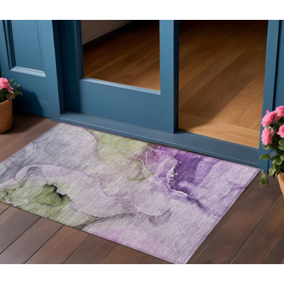 2' X 3' Purple and Green Abstract Washable Indoor Outdoor Area Rug