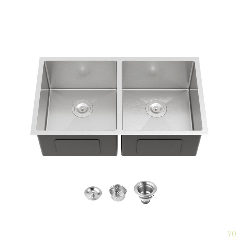 33"X19" Embedded Double Bowl Kitchen Sink, Undermount Handmade Sink In Brushed (Sink Only)
