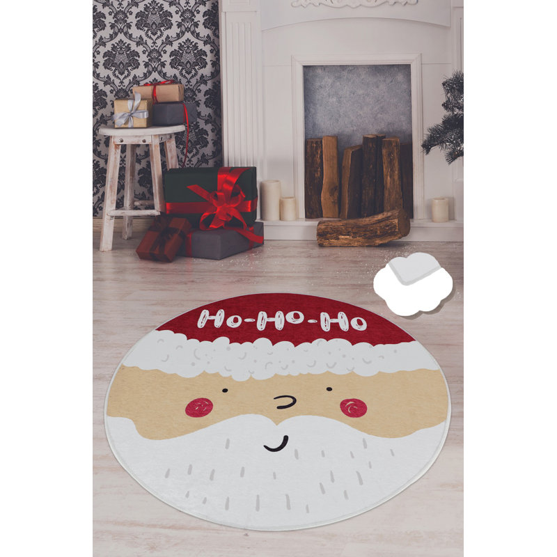 Tapis rond de Noël à thème de Noël, 47,2 po de diamètre, rouge, blanc et crème | 100% polyester, hauteur des poils de 0,4 po, antibactérien, antidérapant, lavable à la machine à 30 ° C | Parfait pour la décoration des Fêtes et l'ambiance festive