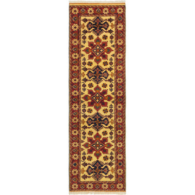 Tapis de couloir unique en laine noué à la main style Kargahi des années 2010 de 2 pi 9 po x 9 pi 4 po crème / rouge Propp