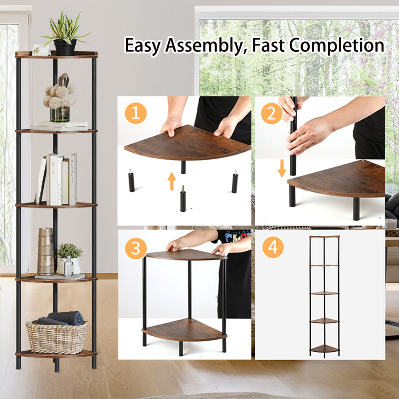 Swade 64.9" H x 12.2" W Corner Bookcase, Black/Brown