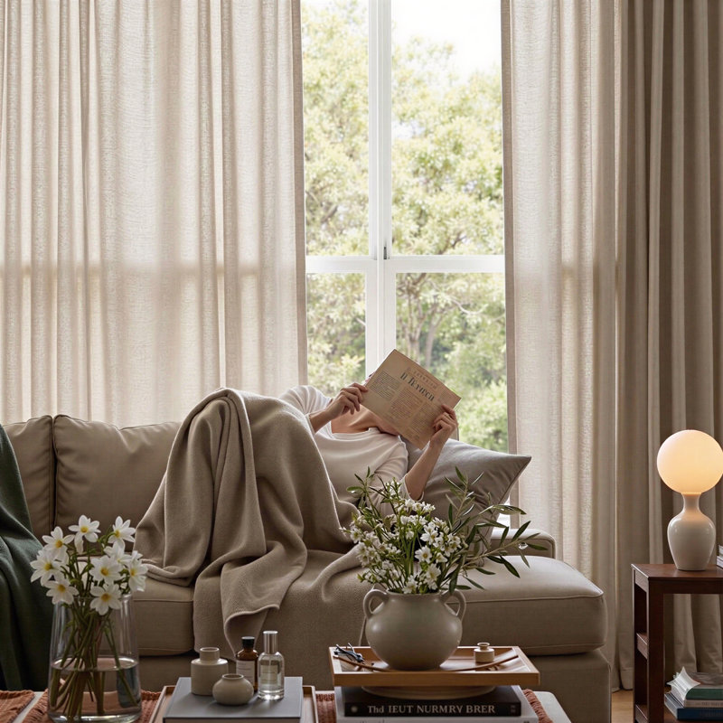 Linen blend Semi Sheer Curtains Rod Pocket Back Tab solid color Drapes（set of 2）, 52" W x 108" L, Natural
