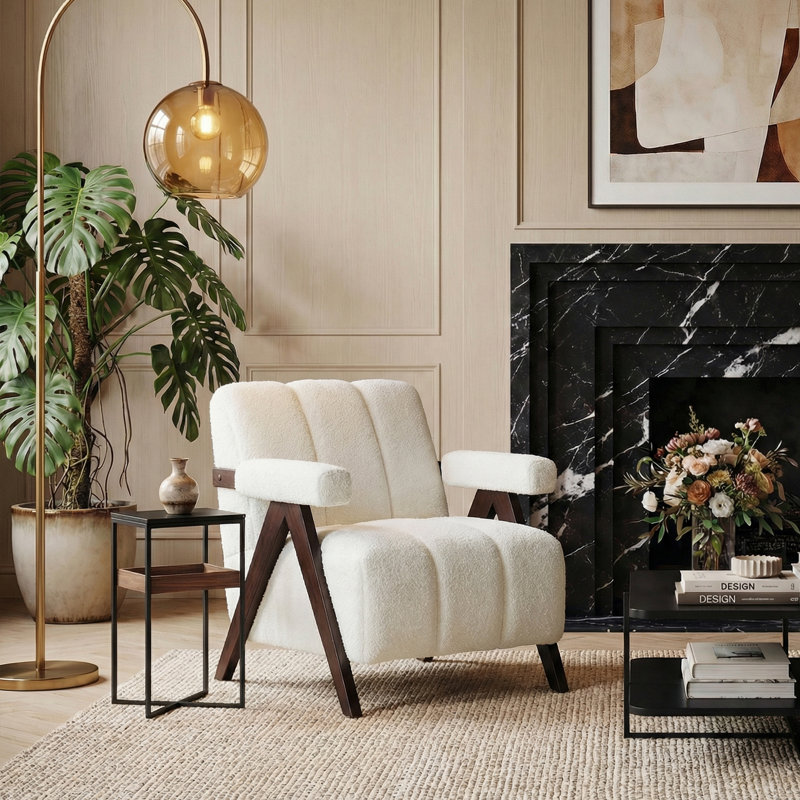 Fauteuil de style Mid-Century rembourré de 27,6 po de large avec pieds en bois massif, Bouclé blanc crème