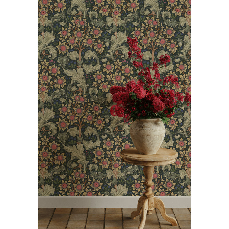 Papier peint floral rétro bleu marine et crème, Peler et coller