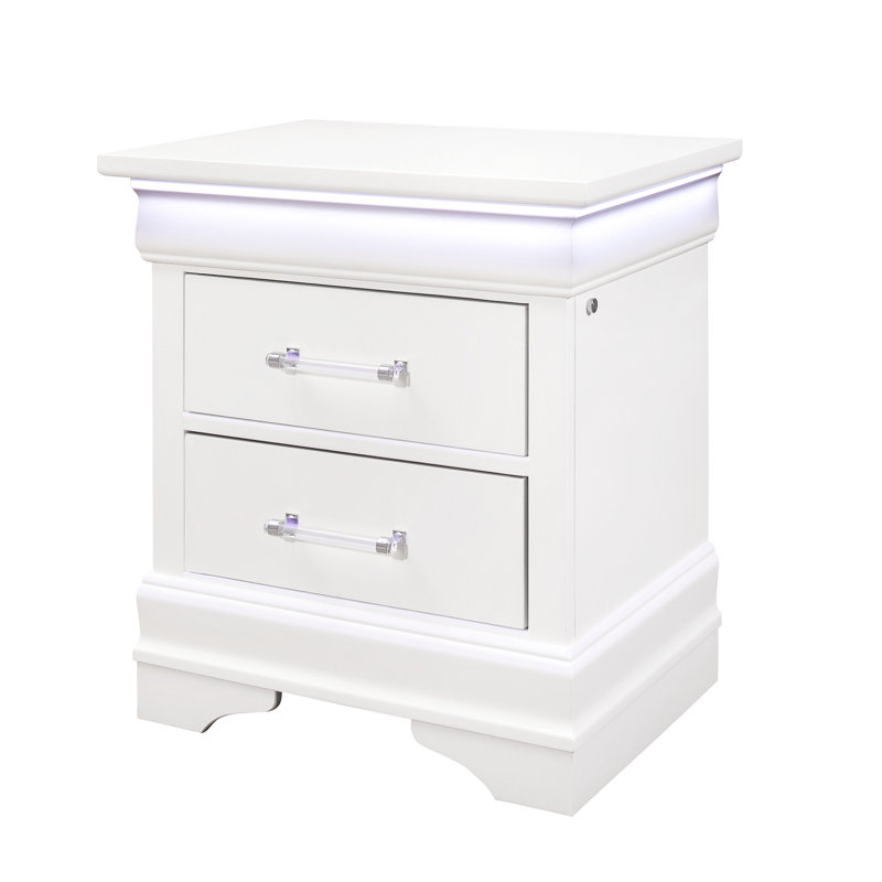 Table de chevet à DEL avec finition blanche - 2 tiroirs spacieux en bois massif + meuble