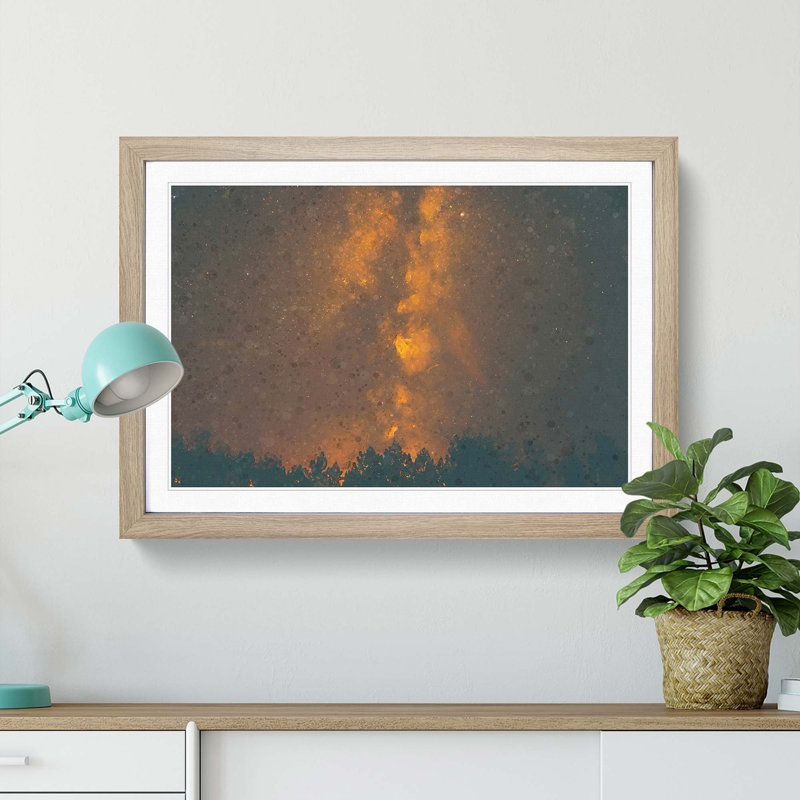Flaming Stars over the Forest in Abstract - Picture Frame Graphic Art Print, Oak Framed, 36cm H x 48cm W x 2cm D