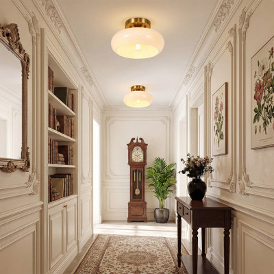 Plafonnier semi-encastré 11 po en forme de bol en or brossé avec verre blanc laiteux pour chambre à coucher, vestibule, cuisine
