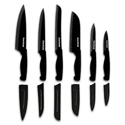 EverCook 12-Piece Kitchen Knife Set with Blade Sheaths, Stainless Steel, Black