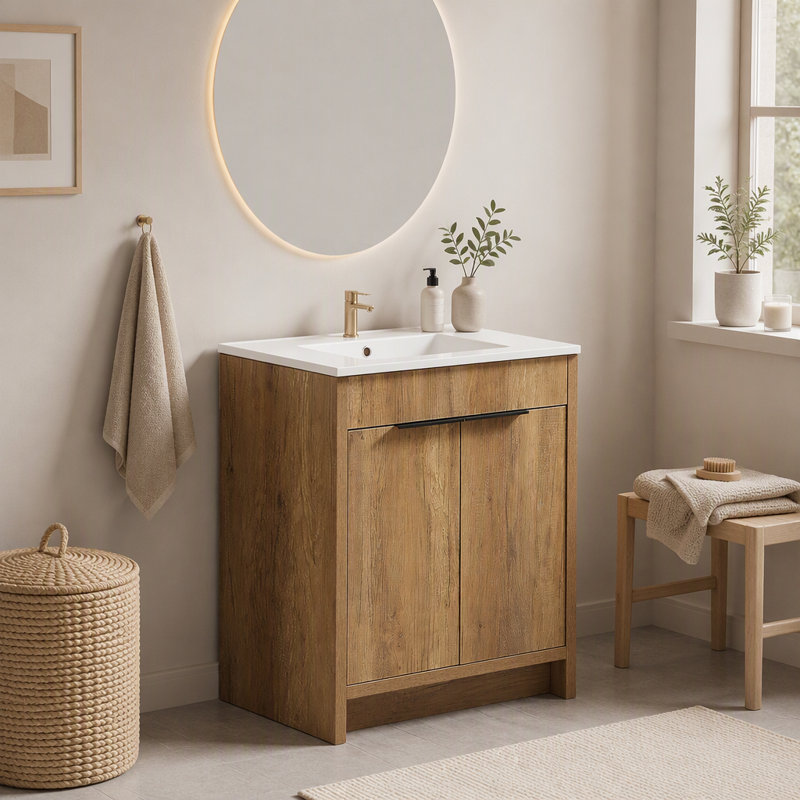 Armoire de salle de bain murale flottante moderne 36 po avec lavabo et portes en pierre artificielle, chêne doré