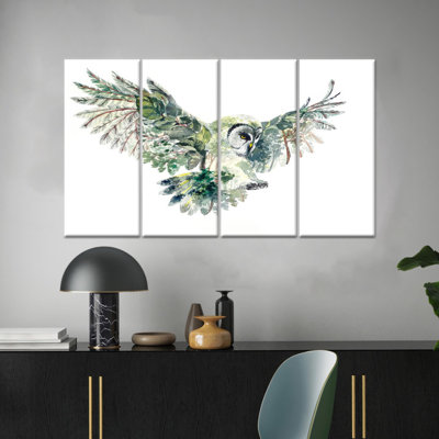 Élégant art mural en verre Floral chouette: affiche sur toile imprimée d'un animal volant, toile tendue 4P
