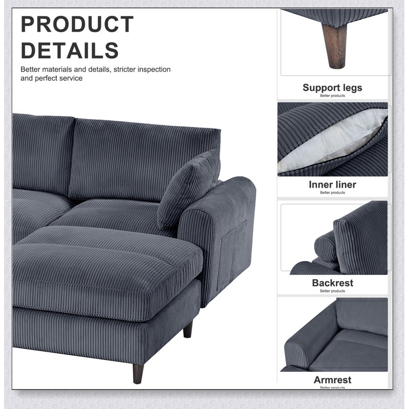 Canapé modulaire en U / en L avec repose-pieds et coussins surdimensionnés Modern, Gris