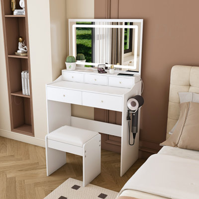Nouveau grand bureau de meuble-lavabo à miroir pour chambre à coucher, ensemble de meuble-lavabo moderne avec prise de courant et support pour sèche-cheveux, 5 tiroirs, 3 coiffeuses réglables de couleur pour la chambre à coucher