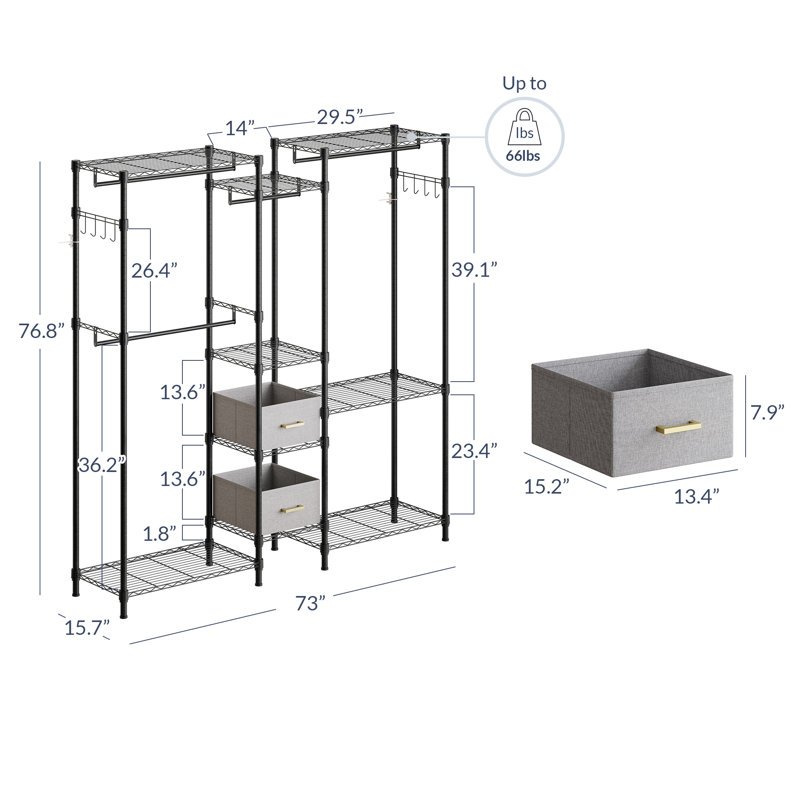 Black Adjustable Free-Standing Closet with Shelves and Drawers