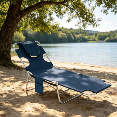 Chaise longue de patio pliante réglable à 5 positions avec trou pour le visage et poche de rangement latérale, fauteuil de bronzage extérieur Oxford