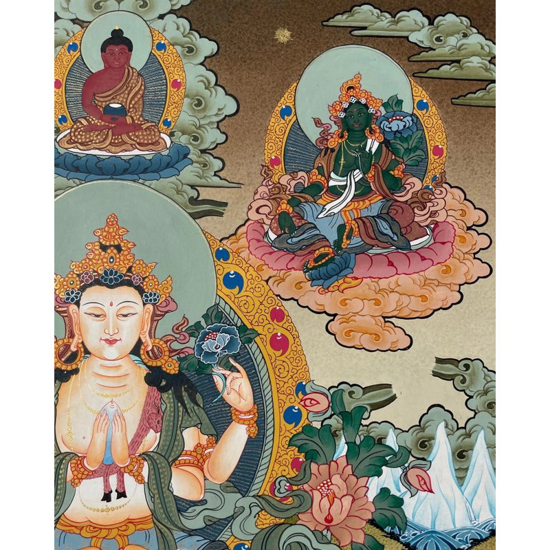 Chengrezig - Dieu et déesse (sans brocart) | Or 24 carats, gouache et acrylique sur toile de coton