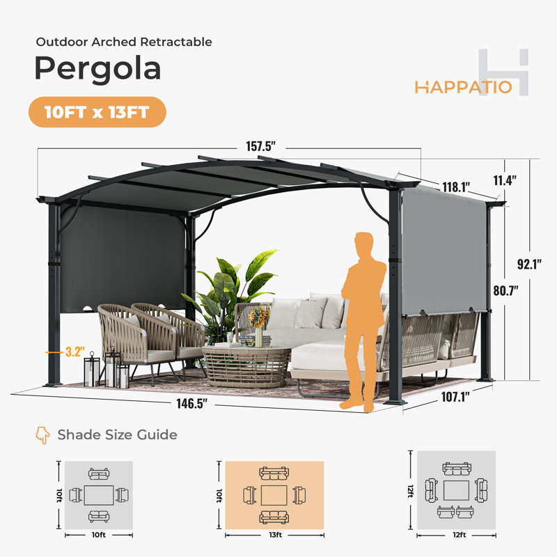 Pergola en aluminium avec auvent, H 92,10 po x l 157,50 po x P 118,10 po, Auvent gris / cadre gris
