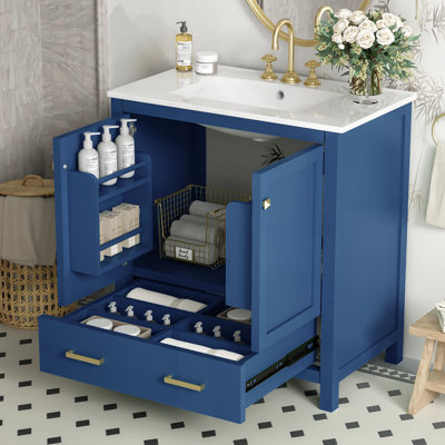 Meuble-lavabo de 30 po avec lavabo simple, meuble-lavabo encastré, rangement multifonctionnel, fermeture en douceur, structure en bois massif