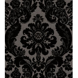 Shadow Black Flocked Damask Wallpaper
