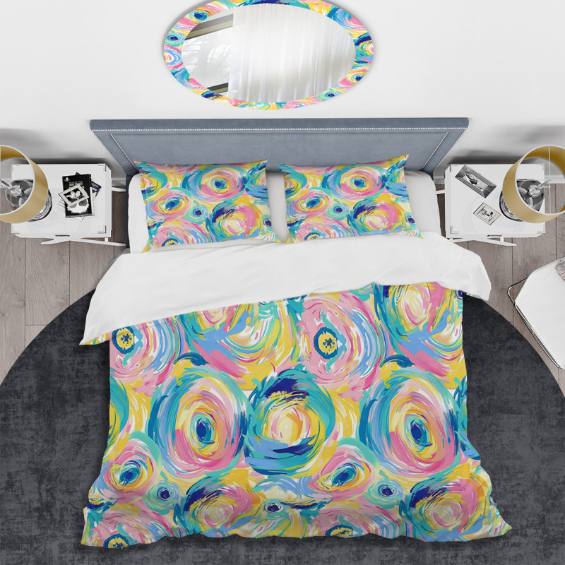 Ensemble de housse de couette abstrait rose et bleu, King Duvet Cover + 2 King Pillow Shams
