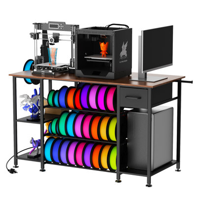 51.2-Inch Wide Brown 3D Printer Stand with Charging Station, Filament Storage and Drawer