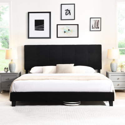 Black King Size Upholstered Bed With Linen Headboard, No Box Spring Needed, Wood Slat Support, Easy Assembly, Robust Construction Stable Sleeping Surface