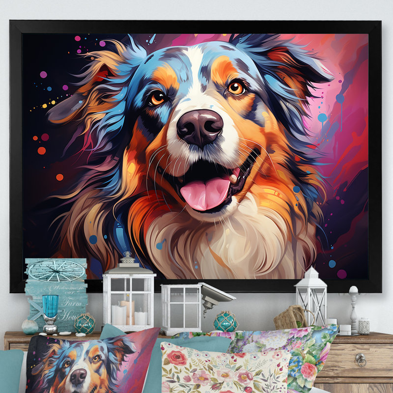 Chien, berger australien, Allure III, sur toile, Cadre simple noir, H 24 po x l 32 po x P 1 po