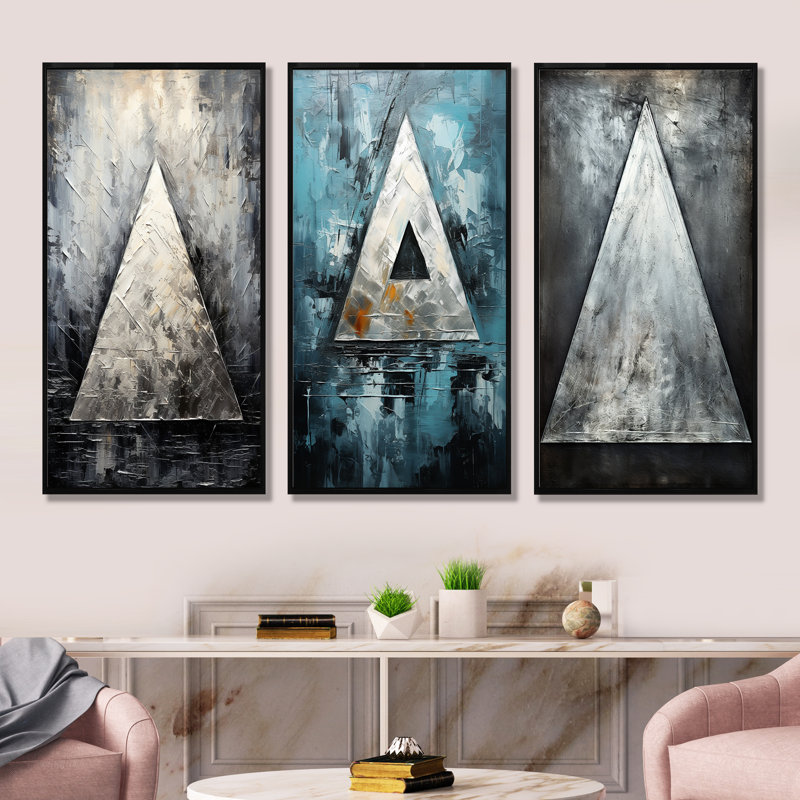 Triangle Trance Shimmering Silver - musique, ensemble de 3 impressions sur toile, Cadre flottant noir, H 28 po x l 36 po