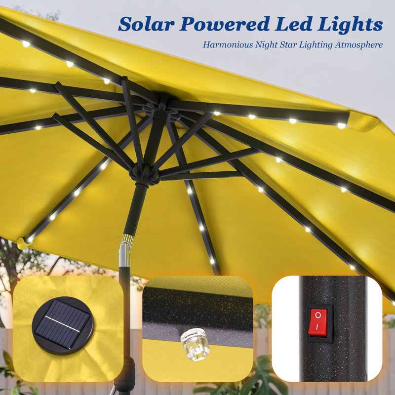 Parasol de marché 9 pi avec lumières DEL, cadre de table résistant aux intempéries, Jaune