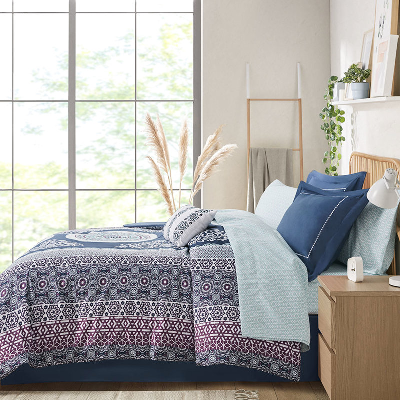 Édredon simple TG avec draps - style médaillon bleu marine, lavable à la machine, literie à imprimé médaillon complet, doux, drap-housse inclus