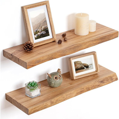 Ensemble de 2 tablettes murales flottantes Live Edge en bois d'orme massif naturel 24 po
