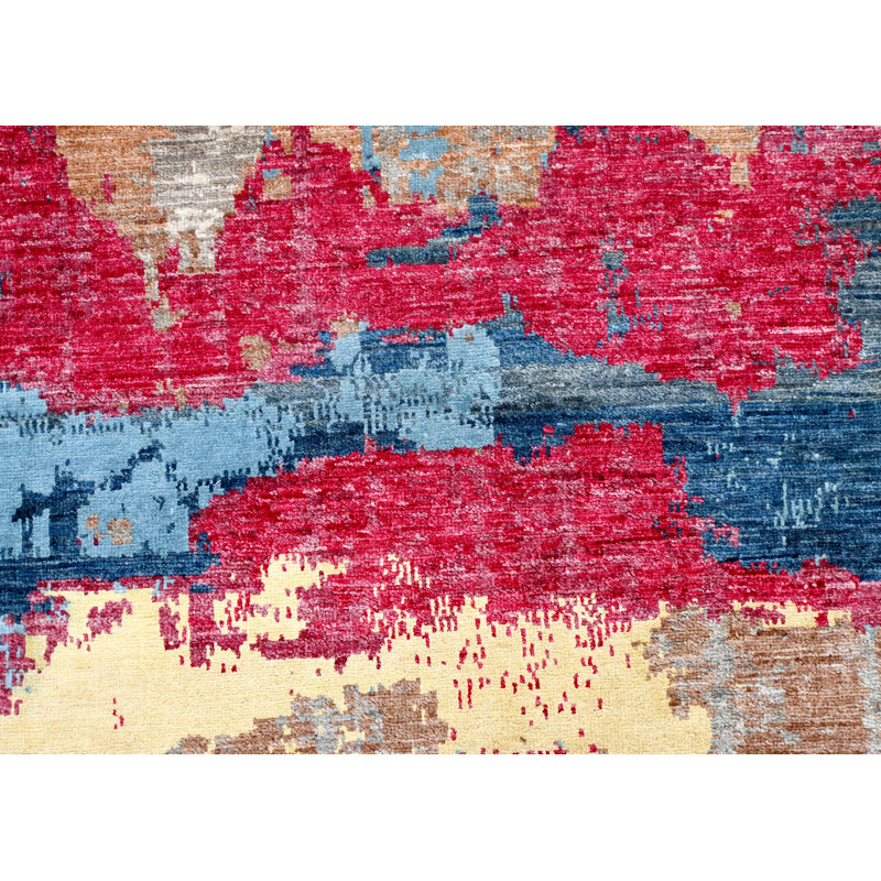 Tapis rouge, bleu et beige noué à la main de haute qualité