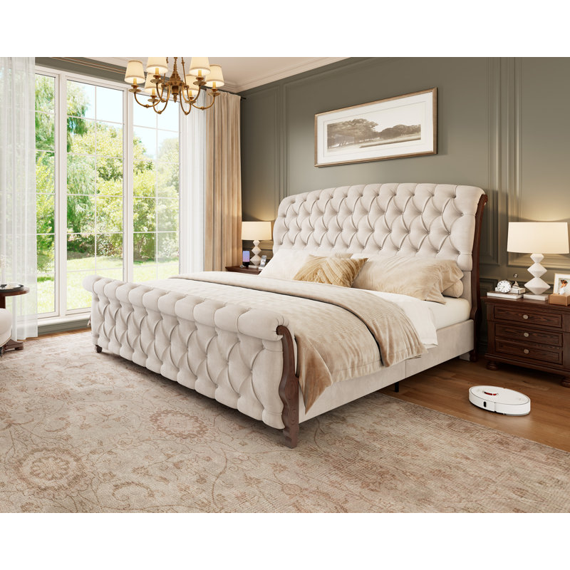 Dulane King Size Tufted Upholstered Sleigh Bed, Modern Chenille Platform Bed Frame, No Box Spring Required, cream, Cream
