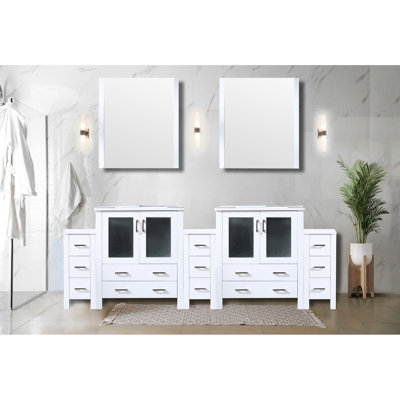 96 In. White Vanity With Ceramic Top - 13 Drawers & Elegance Double Bath White, Charming Style
