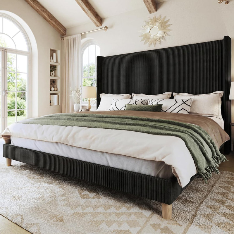 Upholstered Bed Frame With Tall Headboard, King, Black
