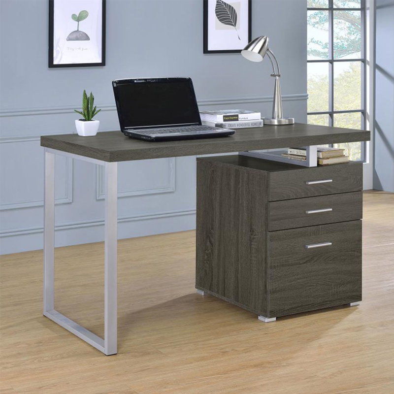 Bureau à 3 tiroirs au fini gris patiné, Gris/argent