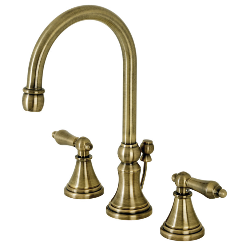 Kingston Brass Governor Two-Handle 3-Hole Deck Mount Widespread Bathroom Faucet with Brass Pop-Up Drain, Antique Brass