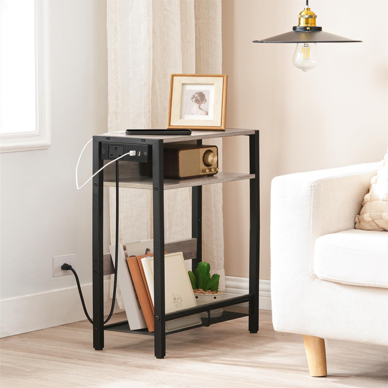 Charging Station, Narrow, Slim Side Table with Storage, Grey