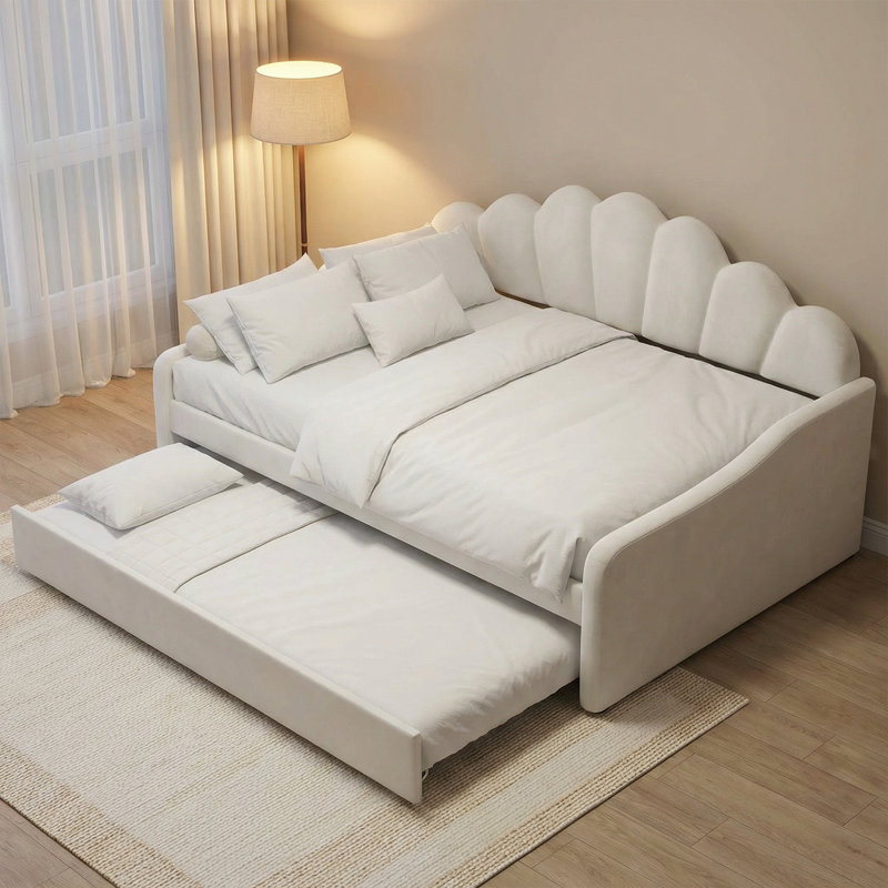 Velvet Upholstered Daybed With Elegant Shell Design And Trundle – Full Size Frame,Classic Upholstered Frame, White