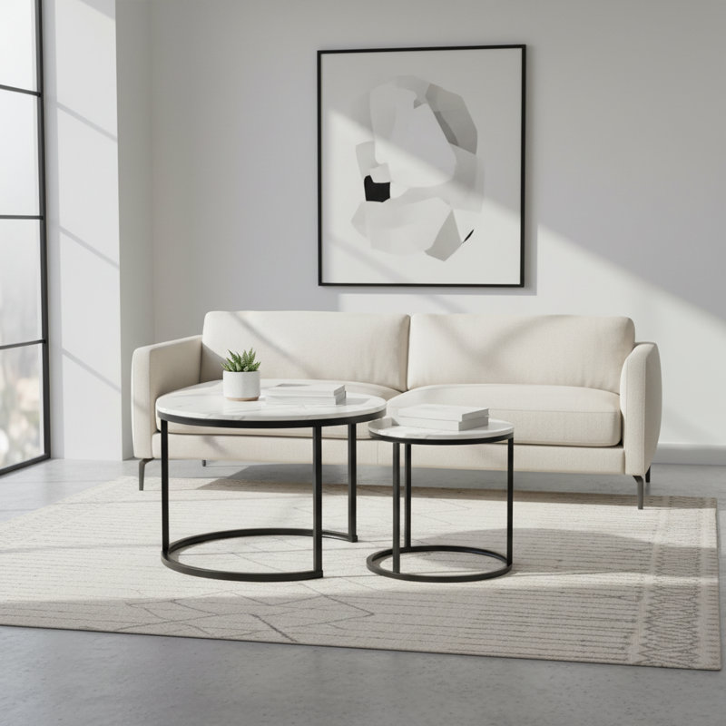 Ensemble de 2 tables basses gigognes à plateau de table rond avec cadre en métal robuste, centre de table, salon, chambre à coucher, appartement, table de chevet simple, industrielle