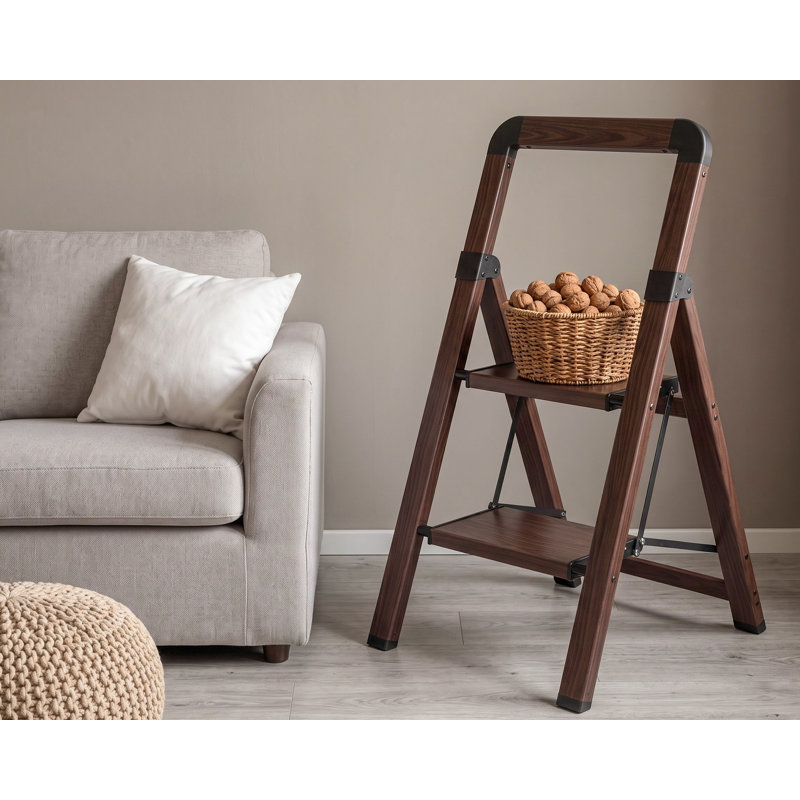Escabeau pliant en aluminium à 2 marches, capacité de 330 lb, pédales larges antidérapantes, marchepied léger pour la maison, la cuisine et le bureau, grain de bois de noyer