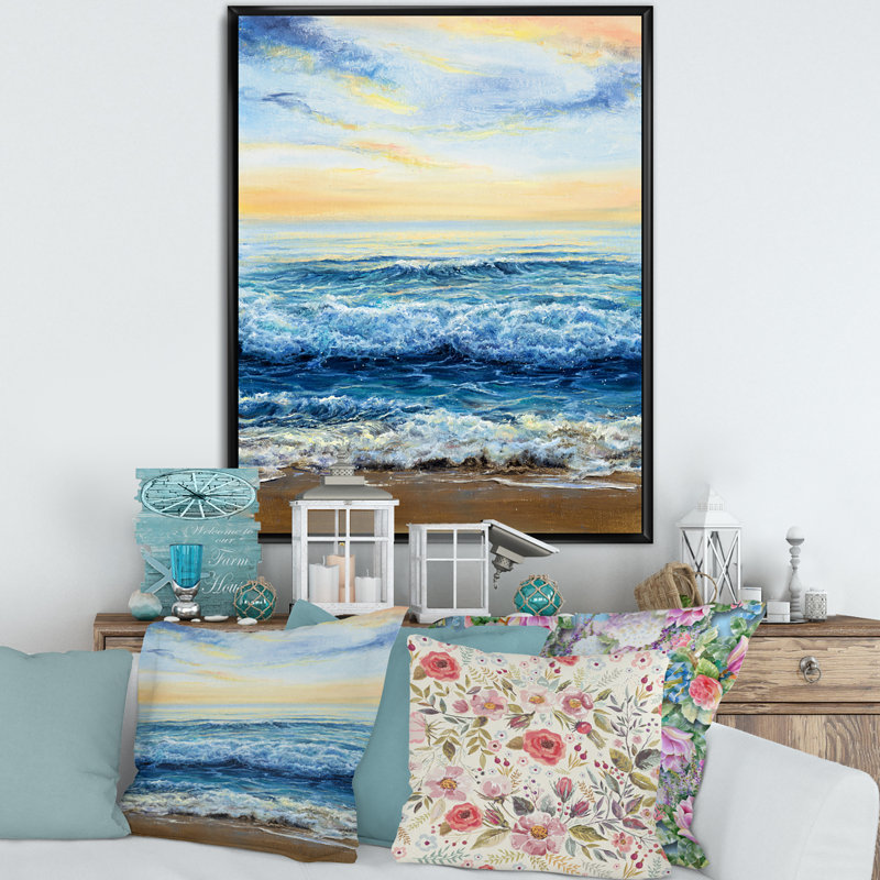 Vagues océaniques à l'aube - Peinture sur toile, H 32 po x l 24 po x P 1 po, Cadre flottant noir