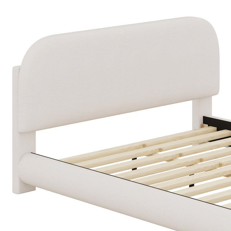Lit plateforme tapissier avec tissu épais, structure solide et design courbé élégant, Beige, Grand