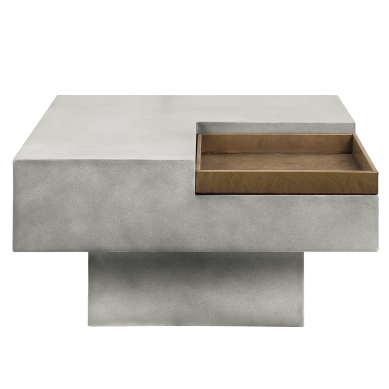 Table basse rustique en ciment avec un design carré et un piédestal gris vieilli en gris
