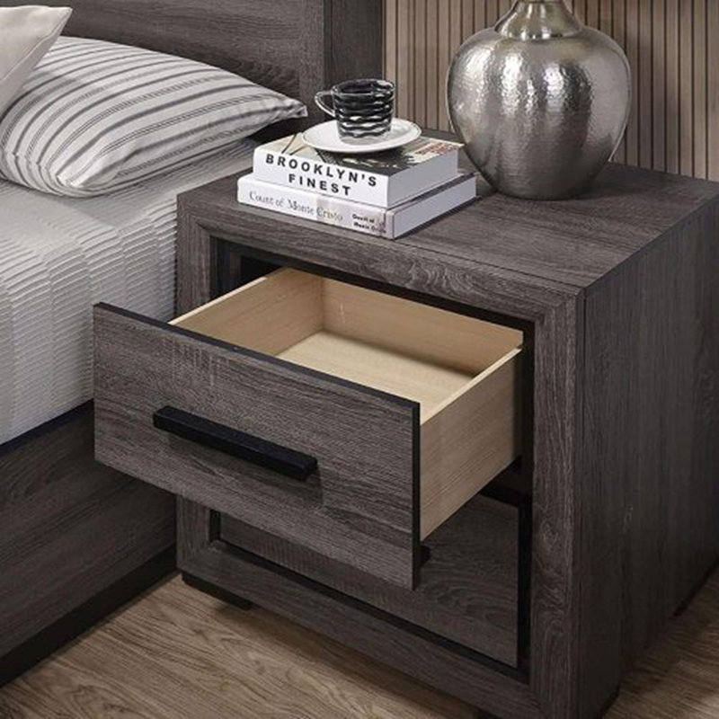 Table de chevet bicolore grise avec bordure noire - placage de papier à 2 tiroirs