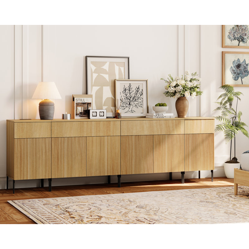 94.5" Modern Wood 4-Drawer Dresser With Reeded Design, Minimalist Dresser Organizer Storage Cabinet With Charging Station For Bedroom,Living Room, Entryway