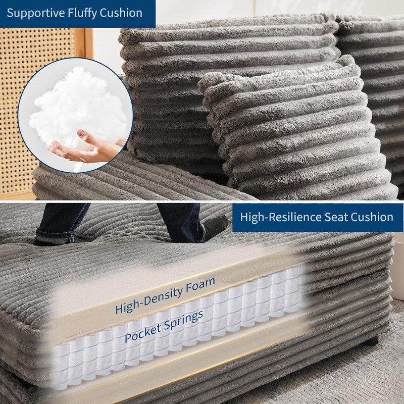 Méridienne surdimensionnée de 60 pouces, canapé-lit rembourré en velours côtelé avec coussins décoratifs pour le salon, Gris