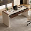Bureau à 3 tiroirs brun noisette + pierre frittée rectangulaire blanc + bois manufacturé-1352410264